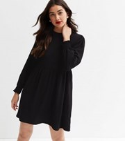 New Look Black Crinkle Long Sleeve Mini Smock Dress